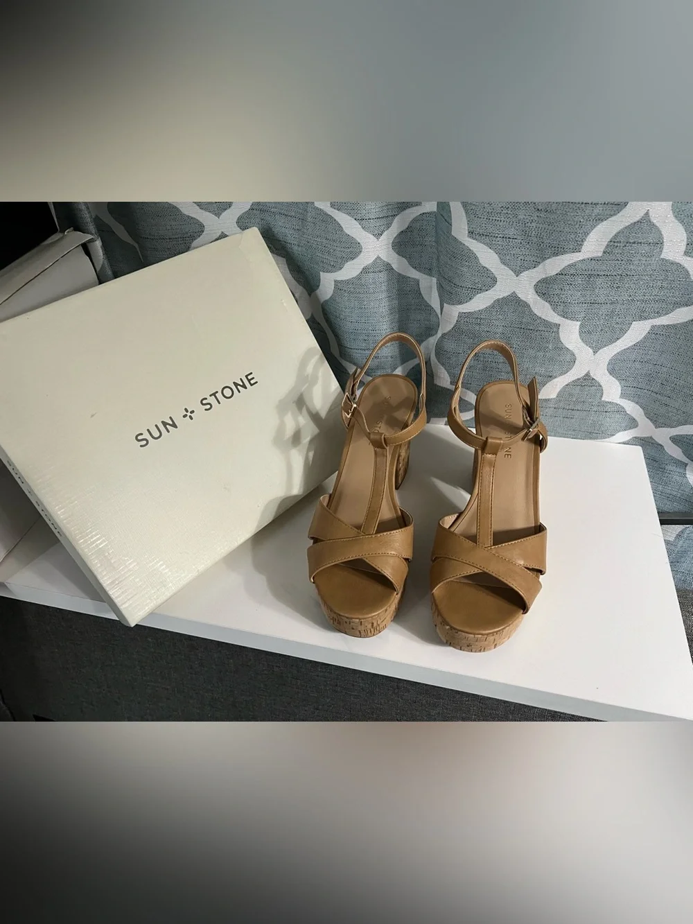 Sun + Stone Cognac Tan Cork Platform Wedge Sandals